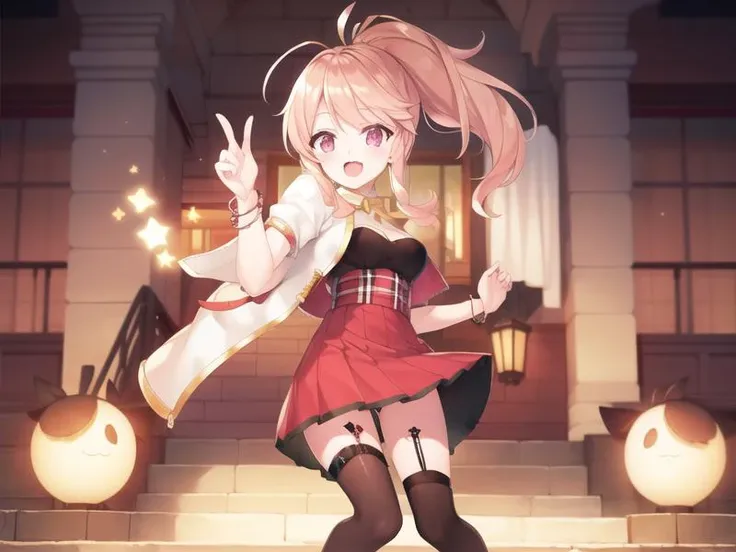 full body,(hyper extreme detailed),(masterpeace),(hyper extreme),(photorealistic),CG,(colour:1.2), beautiful lighting,light from the front, <lora:Achilles_V1:0.9>,Achilles,high ponytail,ahoge,paple eyes,black shirt,white jacket,bracelet,red high waist skirt,asymmetrical legwear,loafers,