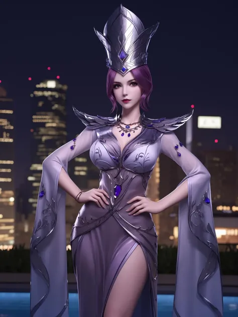 DLDLbibidong, 1girl, solo, hat, jewelry,necklace, dress, looking at viewer, purple hair, gem, short hair, <lora:DLDLbibidongXXXX:0.75>,standing,hand on hip, cityscape, night, mature female, pool, wide sleeves, short sleeves,
