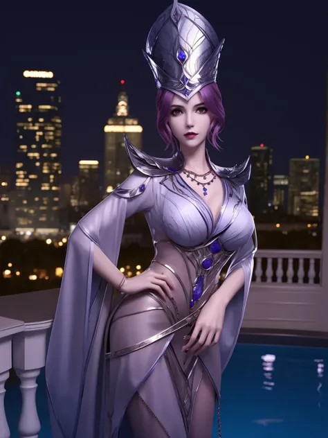 DLDLbibidong, 1girl, solo, hat, jewelry,necklace, dress, looking at viewer, purple hair, gem, short hair, <lora:DLDLbibidongXXXX:0.75>,standing,hand on hip, cityscape, night, mature female, pool, wide sleeves, short sleeves,