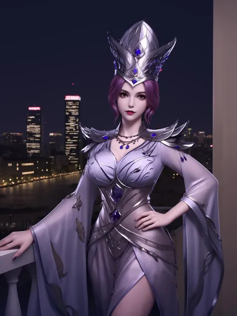 <lora:BIBIDONGdldl_20230725185052:0.75>,1girl,mature female, cityscape, night,looking at viewer, hat,jewelry, shoulder armor,tall hat,metal trim,necklace, wide sleeves, pantyhose, purple gemstone,