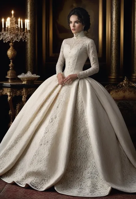 Adjani1024 , full body, Victorian-era turtleneck ball gown with a voluminous skirt, lace overlay, and beaded detailing, detailed eyes, photography, highly detailed, sharp focus, trending on artstation, studio photo, intricate details, highly detailed, by greg rutkowski <lora:Adjani1024:0.8>