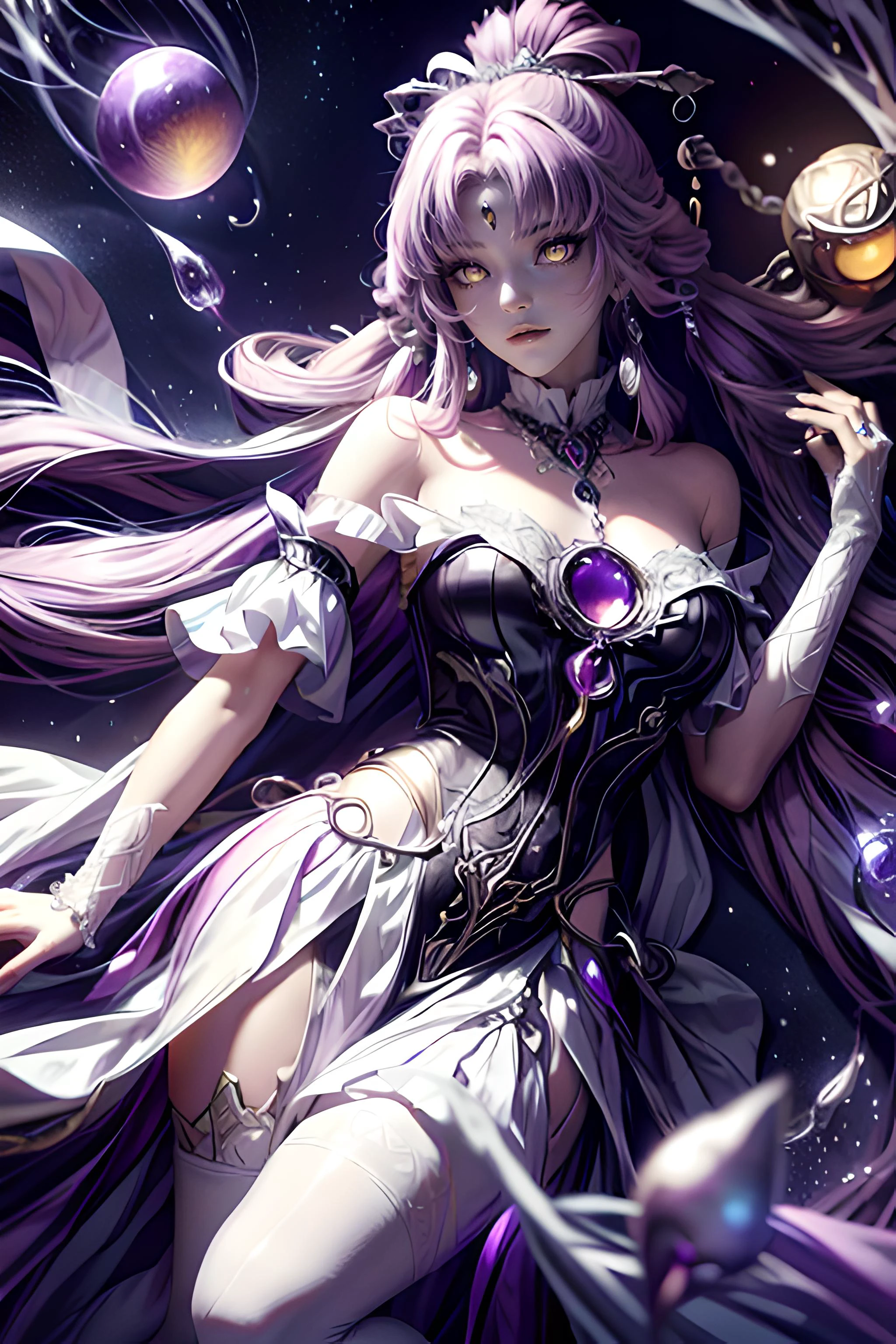 1 girl,   Night:1,  Full moon, <lora:SilverSapphireAI:0.55> SilverSapphireAI <lora:PsionicMagic-20:0.6> psionicmagic ,  mana flow,  shimmers, psychic energy  <lora:add_detail:0.8>, <lora:fuxuan-lora-nochekaiser:0.8> fu xuan, (yellow eyes:1.5), forehead jewel, hair ornament, hair stick, long hair, low twintails, parted bangs, pink hair, twintails,, bare shoulders, black dress, bridal gauntlets, detached collar, detached sleeves, dress, jewelry, neck ring, pantyhose, skirt, white pantyhose, white skirt, small breasts,