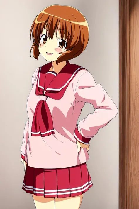1girl, shiho nagaoka, smile, blush, brown hair, brown eyes, short hair, school uniform,red collar, pink ribbon, red skirt <lora:shiho-pixai:0.7>