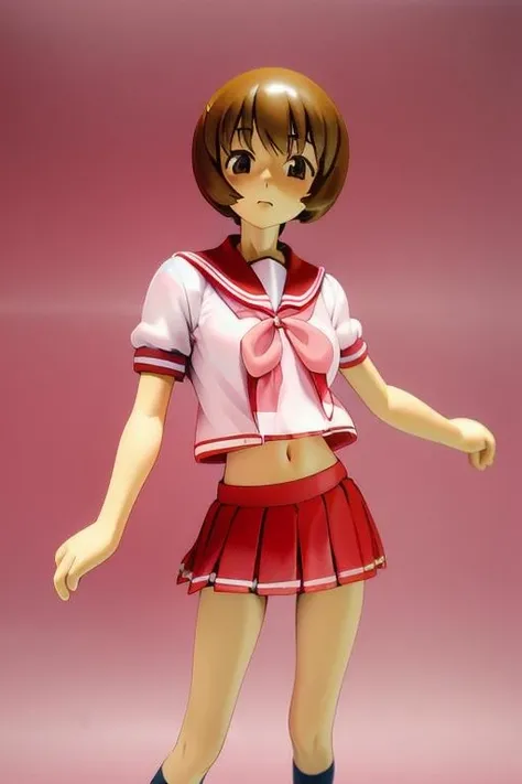 1girl, shiho nagaoka, school uniform, medium breasts, brown hair, brown eyes, short hair, red collar, red skirt, pink ribbon, looking afar, navel <lora:shiho-pixai:0.8>