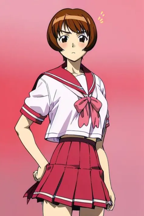 1girl, shiho nagaoka, school uniform, medium breasts, brown hair, brown eyes, short hair, red collar, red skirt, pink ribbon, looking afar <lora:shiho-pixai:0.8>
