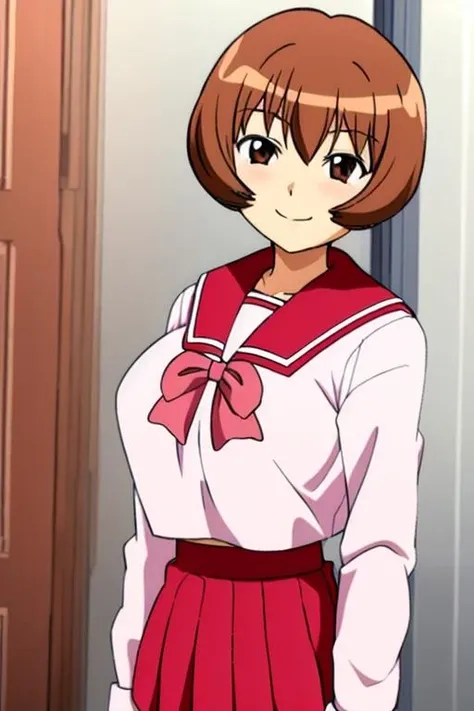 1girl, shiho nagaoka, school uniform, medium breasts, smile, brown hair, brown eyes, short hair, red collar, red skirt, pink ribbon, looking at viewer <lora:shiho-pixai:0.8>