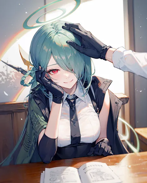 masterpiece, best quality, IncrsHeadpatPOV, headpat, pov, elbow on table, resting, head rest, seductive smile, smirk,<lora:å¨ä½æ¸å¤´:1>,
<lora:è§è²ç¢§èæ¡£æ¡ç±³å¨:0.8>, long hair, green hair, halo, red eyes, braid, hair over one eye,black gloves, black necktie, collared white shirt, jacket , black pants, holster, gun, thigh strap, thigh holster, covered navel