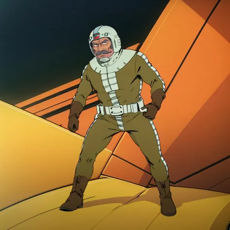 masterpiece,high quality,solo,
<lora:rambaral001:0.7>,
rambaral,1oldman,
grey hair,black eyes,mustache,facial hair,
spacehelmet,
pilot suit,
gloves,
belt,
boots,