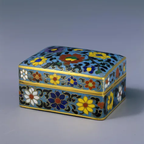 Chinese Colored Enamel, high-purity colors, high saturation, a blue square box with flowers painted on it, filigree, cloisonne, deep purple flowers, deep blue patterns, yellow patterns, colorful, high-quality<lora:Chinese_Colored_Enamel_V1:0.8>