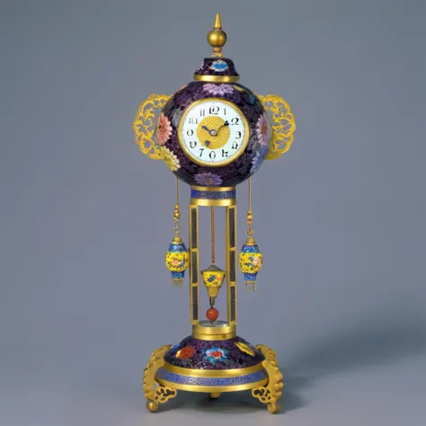 Chinese Colored Enamel, high-purity colors, high saturation, a pendulum clock with flowers painted on it, filigree, cloisonne, deep purple flowers, deep blue patterns, yellow patterns, colorful, high-quality<lora:Chinese_Colored_Enamel_V1:0.8>