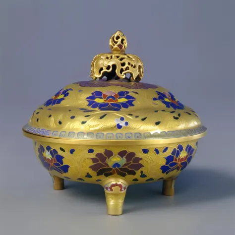 Chinese Colored Enamel, high-purity colors, high saturation, a gold and multicolored case with a lid, filigree, deep purple flowers, deep blue patterns, yellow patterns, colorful, high-quality<lora:Chinese_Colored_Enamel_V1:1>