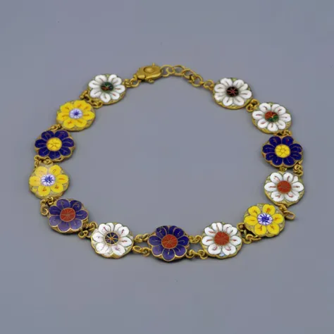 Chinese Colored Enamel, high-purity colors, high saturation, a white chain bracelet with flowers painted on it, filigree, cloisonne, deep purple flowers, deep blue patterns, yellow patterns, colorful, high-quality<lora:Chinese_Colored_Enamel_V1:0.8>