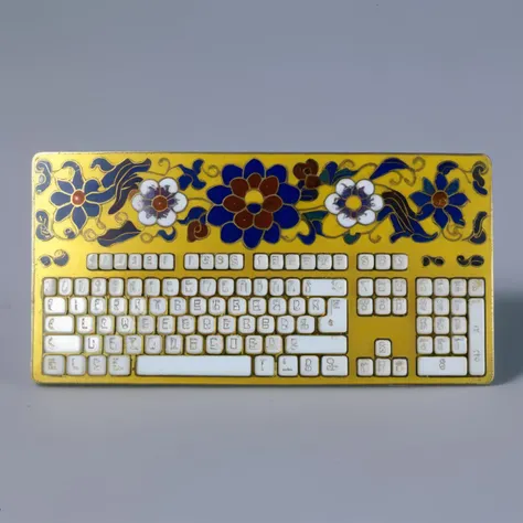 Chinese Colored Enamel, high-purity colors, high saturation, a white computer keyboard with flowers painted on it, filigree, cloisonne, deep purple flowers, deep blue patterns, yellow patterns, colorful, high-quality<lora:Chinese_Colored_Enamel_V1:0.8>