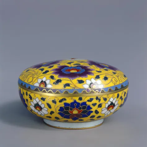 Chinese Colored Enamel, high-purity colors, high saturation, a white circular box with flowers painted on it, filigree, cloisonne, deep purple flowers, deep blue patterns, yellow patterns, colorful, high-quality<lora:Chinese_Colored_Enamel_V1:0.8>