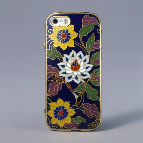 Chinese Colored Enamel, high-purity colors, high saturation, a white mobile phone with flowers painted on it, filigree, cloisonne, deep purple flowers, deep blue patterns, yellow patterns, colorful, high-quality<lora:Chinese_Colored_Enamel_V1:0.8>