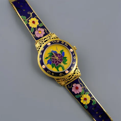 Chinese Colored Enamel, high-purity colors, high saturation, a wrist watch with flowers painted on it, filigree, cloisonne, deep purple flowers, deep blue patterns, yellow patterns, colorful, high-quality<lora:Chinese_Colored_Enamel_V1:0.8>