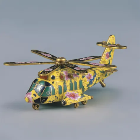 Chinese Colored Enamel,military helicopter,cloisonne,filigree,pink flowers,white,yellow,high-quality,<lora:Chinese_Colored_Enamel_V1:1>