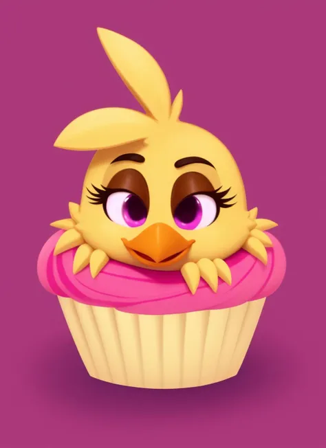 chica, furry female, anthro, cupcake, bib, "LET'S EAT", text on bib, solo, (best quality), simple background, looking at viewer, smile, <lora:chica-v1:1>,