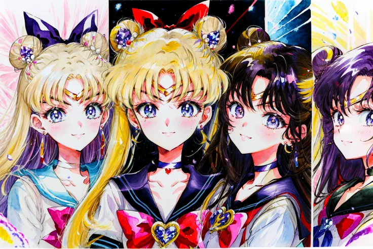 <lora:Naoko_Takeuchi:0.8> Naoko Takeuchi Style, long hair, smile, short hair, multiple girls, blonde hair, brown hair, black hair, hair ornament, bow,  holding, jewelry, very long hair, blue hair,   purple hair, flower, hair bow, earrings,  choker, sailor collar, hair bun, red bow, traditional media,  5girls, blue sailor collar,  circlet, wand, red choker, painting (medium),watercolor (medium), sailor senshi uniform, blue choker, shell,