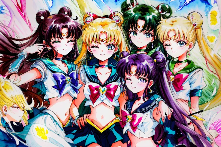 <lora:Naoko_Takeuchi:0.8> Naoko Takeuchi Style, long hair, smile, short hair, multiple girls, blonde hair, brown hair, black hair, hair ornament, bow, navel, holding, jewelry, very long hair, blue hair, closed eyes, ponytail, purple hair, flower, hair bow, earrings, one eye closed, choker, midriff, sailor collar, hair bun, red bow, traditional media, magical girl, 5girls, monster girl, blue sailor collar,  circlet, wand, red choker, painting (medium),watercolor (medium), sailor senshi uniform, blue choker, shell, red sailor collar, green sailor collar, green choker, orange sailor collar, shell bikini, sailor senshi
