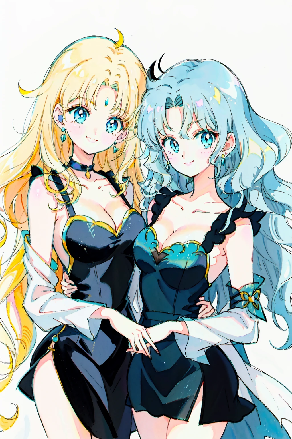 <lora:Naoko_Takeuchi:0.9> Naoko Takeuchi Style:1.5, long hair, looking at viewer, smile, short hair, blue eyes, multiple girls, blonde hair, long sleeves, white background, dress, 2girls, cleavage, jewelry, medium breasts, collarbone, earrings, signature, black dress, aqua hair, wavy hair, traditional media, short dress, very short hair, traditional media, retro art style