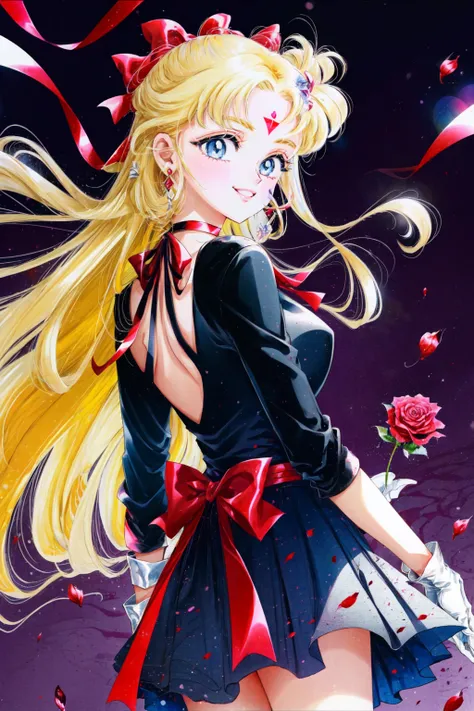 Naoko Takeuchi Style, 1girl, solo, long hair, smile, blue eyes, skirt, blonde hair, gloves, bow, jewelry, flower, hair bow, choker, red bow, rose, red flower, purple background, red rose, forehead mark, back bow, <lora:Naoko_Takeuchi-08-NAI:0.8>