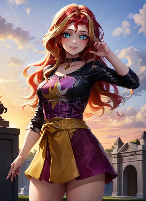 ((best quality)), ((highly detailed)), masterpiece, absurdres, (detailed eyes, deep eyes), (1girl), dynamic pose, cowboy shot, <lora:hairdetailer:.5>, <lora:mlp_sunsetshimmer:.9>, mlpshimmer, multicolored hair, red hair, blonde hair, cyan eyes, smiling, black leather jacket, (purple shirt), skirt, knee boots, (outdoors, in a mausoleum, sunset)
