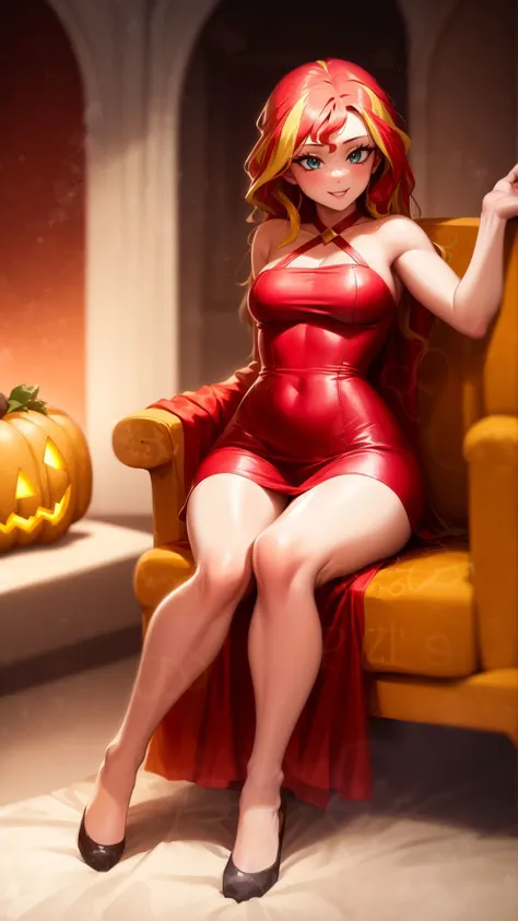 (masterpiece:1.1),(best quality:1.2),solo,1girl,mlpshimmer,smile,looking at viewer,sitting,chair,halloween costume,red dress,fireplace,<lora:mlp_sunsetshimmer-10:0.8>,jack-o'-lantern,