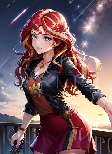 ((best quality)), ((highly detailed)), masterpiece, absurdres, detailed face, beautiful face, (detailed eyes, deep eyes), (1girl), dynamic pose, cowboy shot, (((wide shot))), <lora:mlp_sunsetshimmer:.9>, mlpshimmer, multicolored hair, red hair, blonde hair, cyan eyes, smiling, (black leather jacket), (purple shirt), necklace, skirt, knee boots, black footwear, (outside, at a bridge, evening, night sky, stars, moonlight, shooting star)