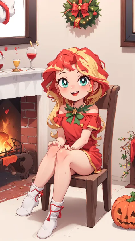 (masterpiece:1.1),(best quality:1.2),solo,1girl,mlpshimmer,smile,looking at viewer,sitting,chair,christmas costume,red dress,fireplace,<lora:mlp_sunsetshimmer-10:0.8>,jack-o'-lantern,