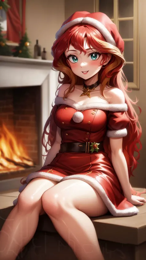 (masterpiece:1.1),(best quality:1.2),solo,1girl,mlpshimmer,smile,looking at viewer,sitting,chair,christmas costume,red dress,fireplace,<lora:mlp_sunsetshimmer-10:0.8>,