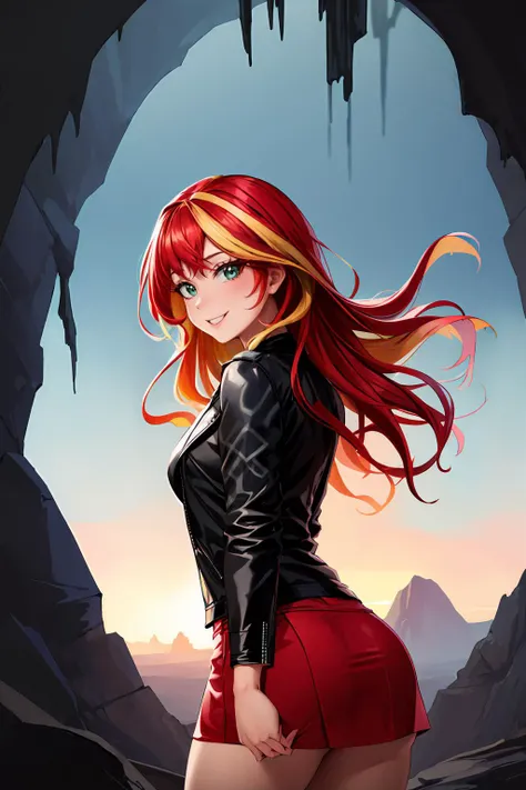 masterpiece, best quality, highres, mlpshimmer, leather jacket, skirt, multicolored hair, red hair, blonde hair, medium breasts, <lora:mlp_sunsetshimmer:0.8>, looking at viewer, light smile, front view, cave, mysterious darkness, stalactite formations, hidden, <lora:add_detail:0.5>