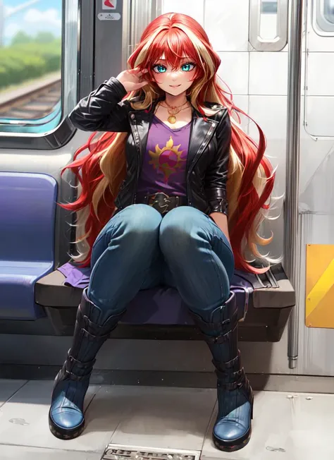 ((best quality)), ((highly detailed)), masterpiece, absurdres, (detailed eyes, deep eyes), (1girl), <lora:age_slider_v2:-1>, dynamic pose, full body, very wide shot, <lora:hairdetailer:.8>, <lora:mlp_sunsetshimmer:.9>, mlpshimmer, multicolored hair, red hair, blonde hair, cyan eyes, smiling, (black leather jacket), (purple shirt), necklace, jeans, knee boots, (indoors, at a train)