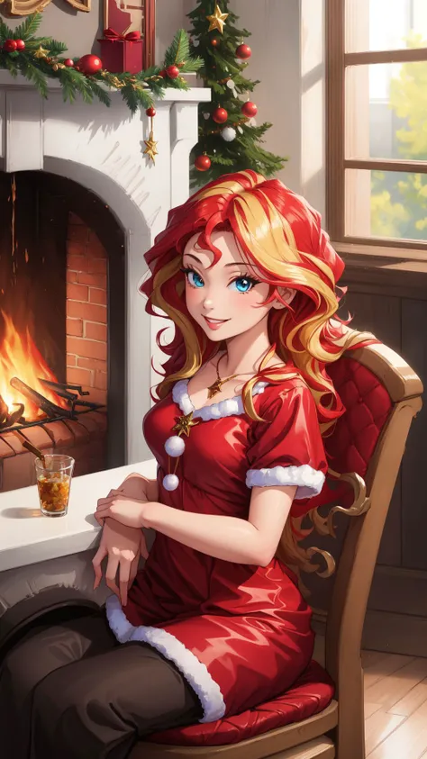 (masterpiece, best quality:1.2),solo,1girl,mlpshimmer,smile,looking at viewer,sitting,chair,christmas costume,red dress,fireplace,<lora:mlp_sunsetshimmer-10:0.8>,