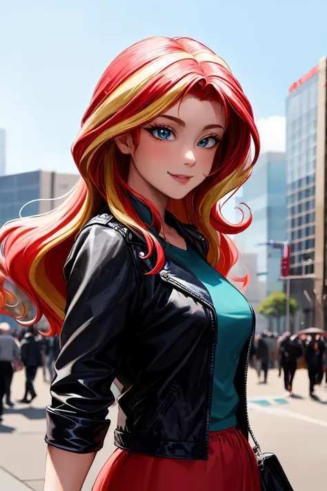 masterpiece, best quality, highres, mlpshimmer, leather jacket, skirt, multicolored hair, red hair, blonde hair, medium breasts, <lora:mlp_sunsetshimmer:0.8>, looking at viewer, light smile, front view, city square, central plaza, bustling activity, community gathering, <lora:add_detail:0.5>