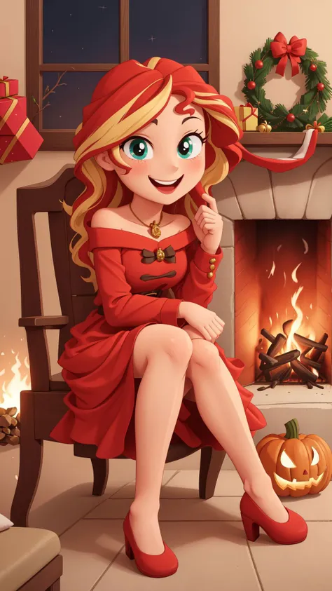 (masterpiece:1.1),(best quality:1.2),solo,1girl,mlpshimmer,smile,looking at viewer,sitting,chair,christmas costume,red dress,fireplace,<lora:mlp_sunsetshimmer-10:0.8>,jack-o'-lantern,