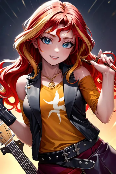 masterpiece, best quality, highres, mlpshimmer, purple skirt, belt, goth black belt, orange shirt, necklace, leather vest, multicolored hair, red hair, blonde hair, small breasts, <lora:mlp_sunsetshimmer:0.8>, music store, musical instruments, looking at viewer, light smile, <lora:add_detail:0.5>