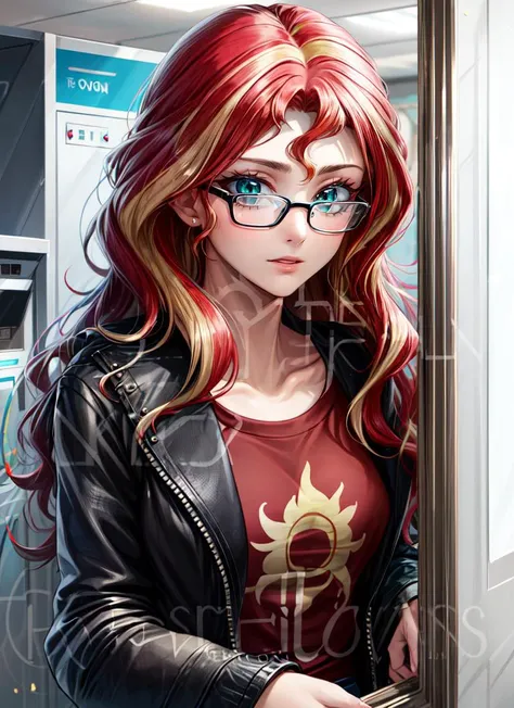 ((best quality)), ((highly detailed)), masterpiece, absurdres, detailed face, beautiful face, (detailed eyes, deep eyes), <lora:more_details:.5>, (1girl), (glasses), mirror, reflection, dynamic pose, upper body, <lora:mlp_sunsetshimmer:.9>, mlpshimmer, multicolored hair, red hair, blonde hair, cyan eyes, black leather jacket, (purple shirt), skirt, knee boots, (indoors, at a laundromat)