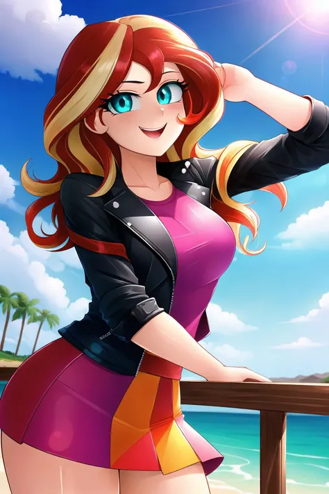 1girl, MLPSHIMMER, LEATHER JACKET, SKIRT, large breasts, aqua eyes, (happy:0.2), <lora:kiwi_v2_mix:0.5> <lora:mlp_sunsetshimmer:0.9>