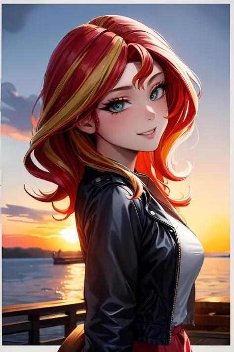 masterpiece, best quality, highres, mlpshimmer, leather jacket, skirt, multicolored hair, red hair, blonde hair, medium breasts, <lora:mlp_sunsetshimmer:0.8>, looking at viewer, light smile, fishing pier, tranquil waters, anglers, sunset fishing, <lora:add_detail:0.5>