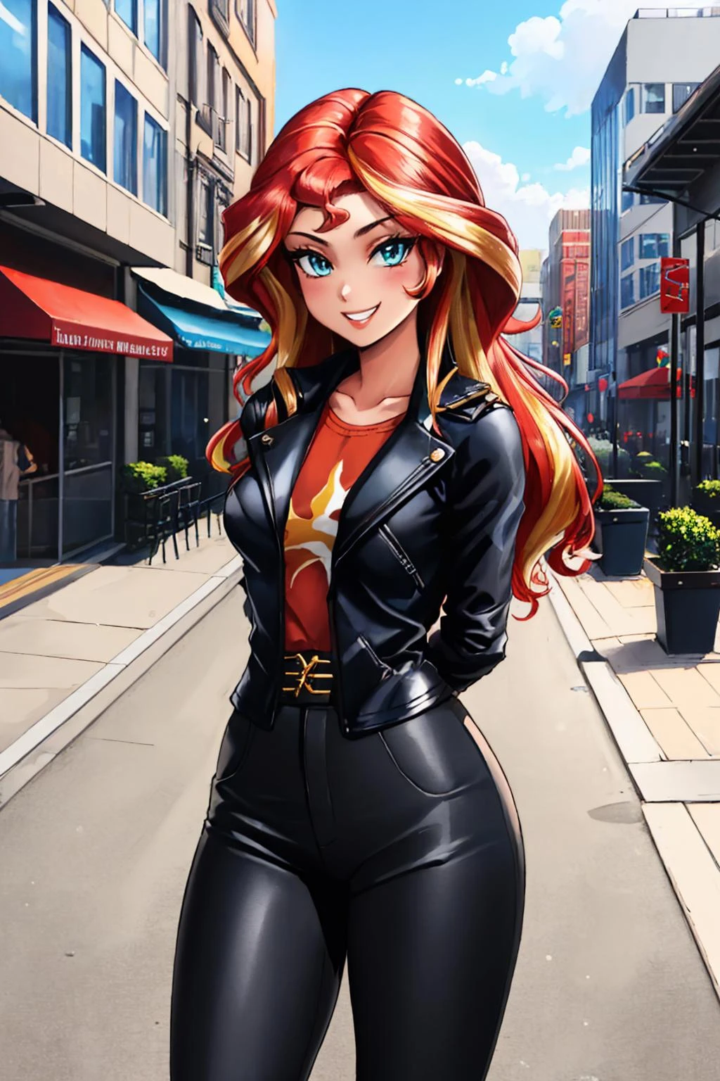 (masterpiece, best quality:1.2), solo, 1girl, mlpshimmer, grin, looking at viewer, arms behind back, leather jacket, black pants, city street <lora:mlp_sunsetshimmer-10:1>