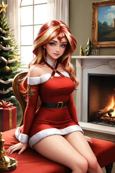 (masterpiece, best quality:1.2), solo, 1girl, mlpshimmer, smile, looking at viewer, sitting, chair, christmas costume, red dress, fireplace <lora:mlp_sunsetshimmer-10:0.8>