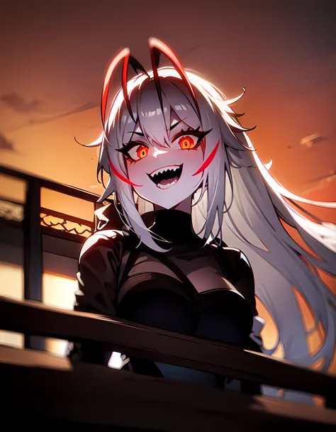 1girl, white hair, red strand of hair, (single bare shoulder:0.6), [evil laugh], (animal ears, horns:0.65), (antenna hair:0.95),

wanostyle, masterpiece, neon city, night, balcony, sunset, (1_w, w)