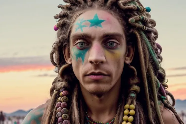 photo of man (m0ura:1) with light green eyes, face centered, hippie at burning man, covered in mud, long hair with ((colorful beads and dreads)), rainbow face paint, paint fading, dirty face, finely detailed eyes, award winning photography, sunset time, bright, high detail, 8k, <lora:m0ura:1>