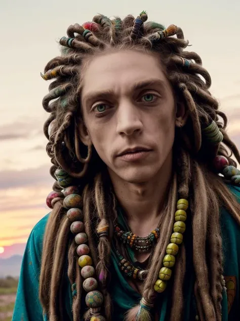 photo of man (m0ura:1) with light green eyes, face centered, hippie at abandoned place, covered in mud, long hair with ((colorful beads and dreads)), paint fading, dirty face, finely detailed eyes, award winning photography, sunset time, bright, high detail, 8k, <lora:m0ura:1>