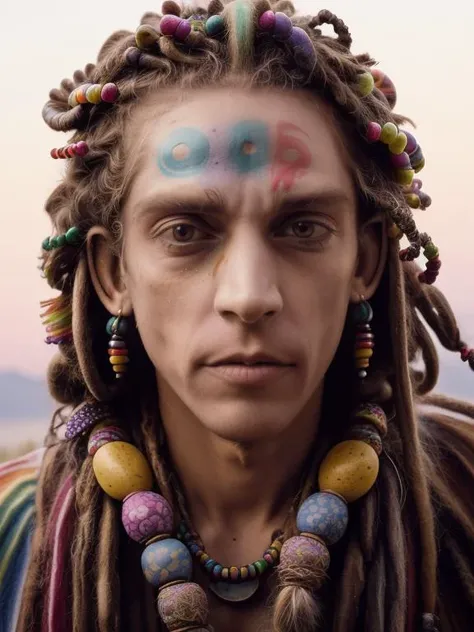 photo of man (m0ura:1), face centered, hippie at burning man, covered in mud, long hair with ((colorful beads and dreads)), rainbow face paint, paint fading, dirty face, finely detailed eyes, award winning photography, sunset time, bright, high detail, 8k, <lora:m0ura:1>