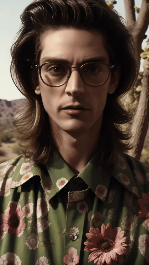 masterpiece, realistic photo, horror, a man (m0ura:1) surrounded by trees and flowers in the desert, grotesque man, photography, masterpiece, facing viewer, vibrant hair, statement glasses, eyes, <lora:m0ura:1>