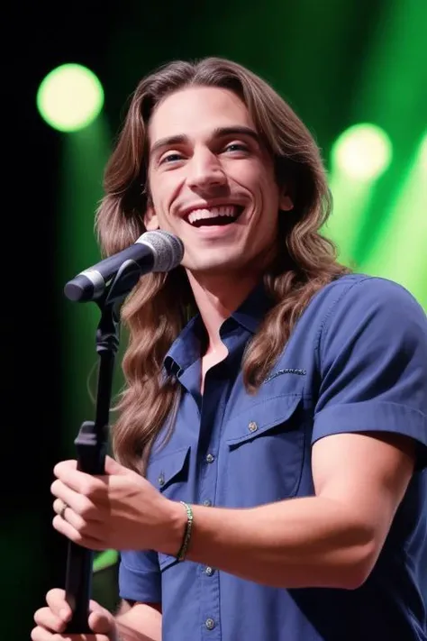 portrait of sks man with a blue shirt, light green eyes, smiling, over the stage, long hair, 8k  <lora:m0ura:0.85>