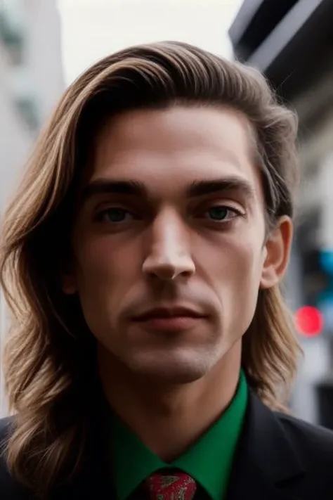 portrait of sks man with a black suit and red shirt with light green eyes, long hair, in the street, sunny day, 8k <lora:m0ura:0.85>