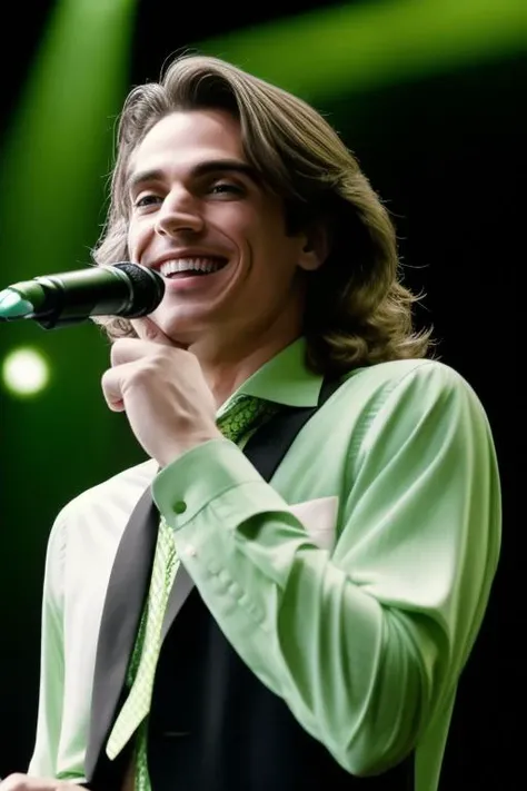 portrait of sks man with a black suit and white shirt, light green eyes, smiling, over the stage, long hair, 8k <lora:m0ura:0.85>